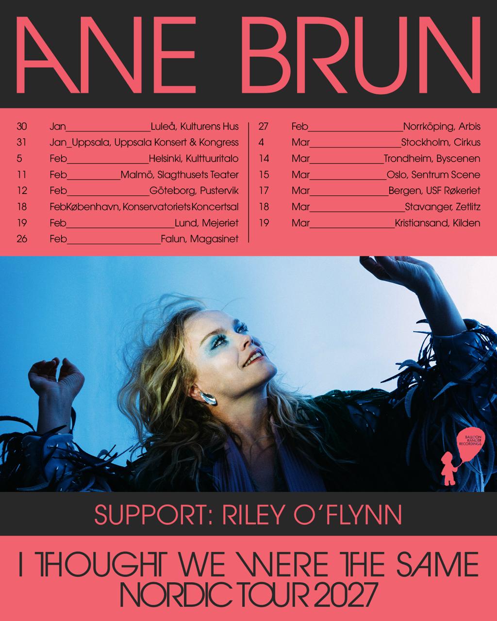 Ane Brun Nordic Tour 2027 poster, with support by Riley O’Flynn